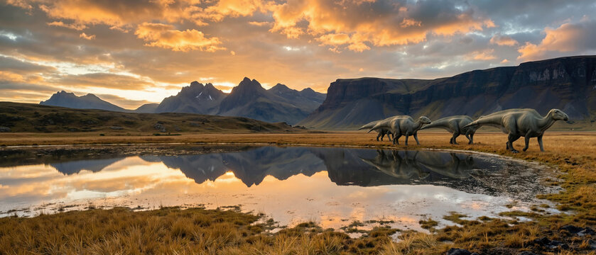 Herd of hadrosaur dinosaurs walking along a shallow lake at dusk. Prehistoric landscape with mountain and sunset sky reflections in water