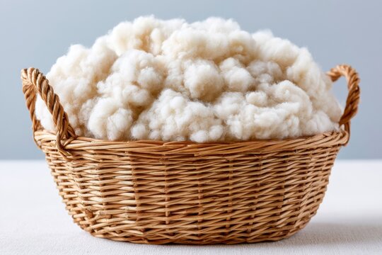 Raw white sheep wool filling a woven wicker basket placed on a neutral surface against a soft background, showcasing natural texture and material