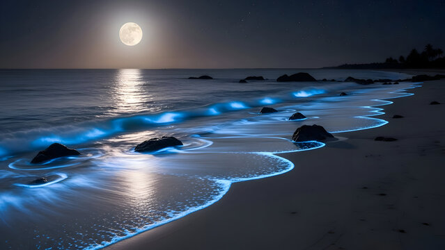 Glowing ocean waves crash on a moonlit beach with bioluminescent organisms lighting up the shoreline