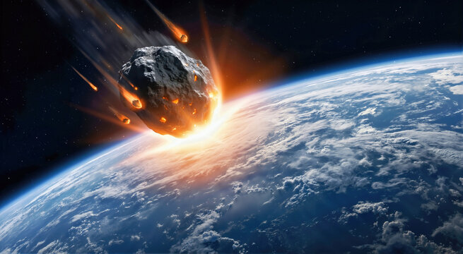 Blazing asteroid entering Earth's atmosphere. Fiery meteor creating a bright orange flash upon impact with the atmospheric layer. Catastrophic cosmic event