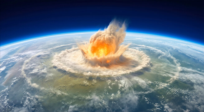Asteroid impact creating a towering ash plume on Earth. Massive circular shockwave expanding across a continent viewed from space. Global extinction event