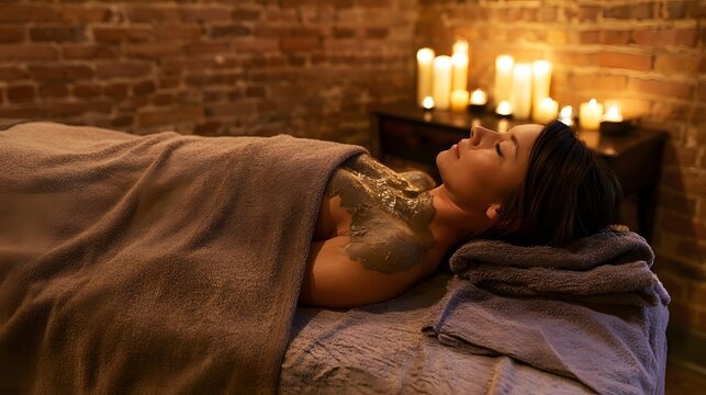 A woman lies on a treatment table covered by a towel with mud applied to her upper body  surrounded by lit candles against a brick wall
