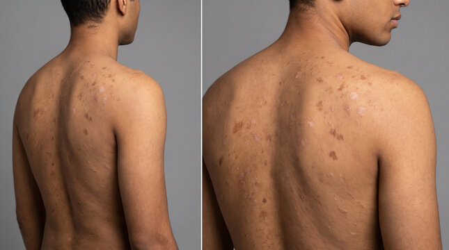 Back skin with tinea versicolor showing scattered hypopigmented and hyperpigmented patches caused by yeast infection, dermatology skin condition concept