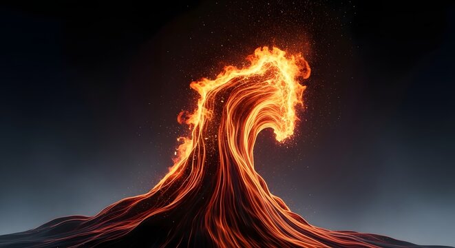 A magnificent and powerful wave made of liquid fire rising against a dark background, with glowing embers and flowing streaks of orange and gold light.