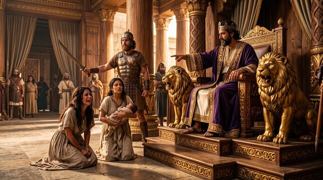 The Judgment of Solomon: Epic biblical scene of the wise ancient king deciding the fate of a baby between two pleading mothers.