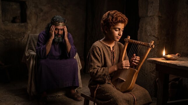  Biblical scene of young David playing the kinnor lyre to soothe King Saul's anguish and depression in the dark shadows