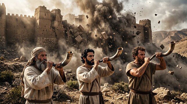 Biblical miracle of Jericho: Ancient Israelite priests blowing ram horn shofars as massive stone city walls crumble in dust