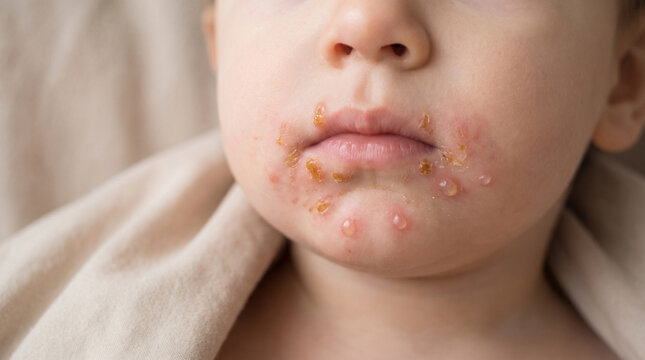Child face with impetigo showing honey colored crusty scabs and blisters around mouth and chin, contagious bacterial skin infection pediatric dermatology