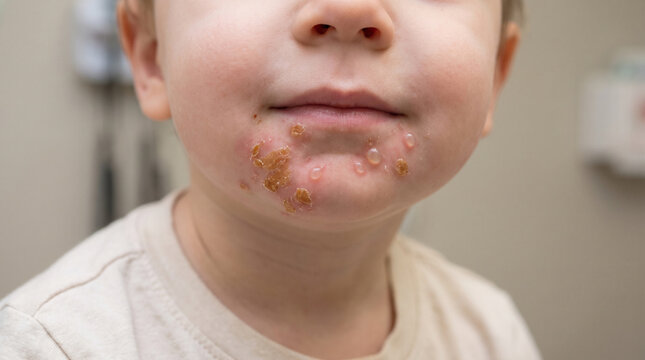 Child face with impetigo showing honey colored crusty scabs and blisters around mouth and chin, contagious bacterial skin infection pediatric dermatology