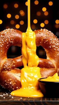 A giant pretzel with cheese being poured on it at night