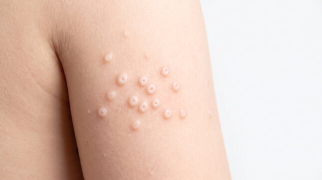 Child arm with molluscum contagiosum showing pearly white dome shaped papules with central dimples, viral skin infection pediatric dermatology concept