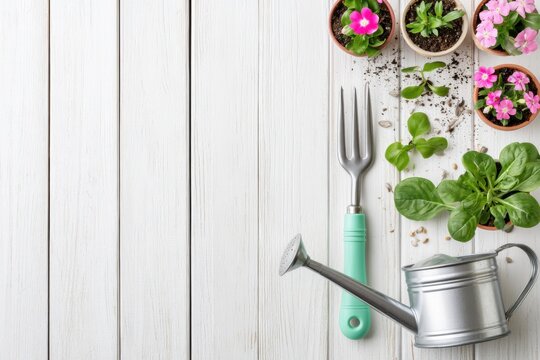 Spring gardening workspace featuring potted flowers, a watering can, and gardening tools on a white wooden surface, ideal for planting and nurturing plants