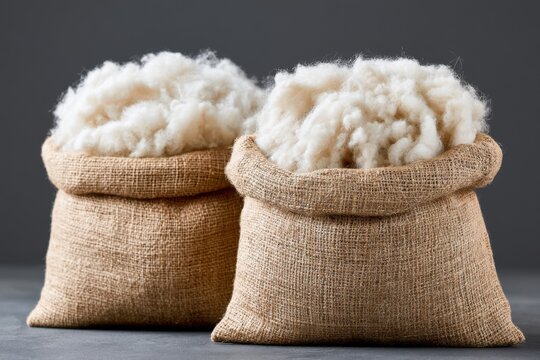 Two beige burlap sacks filled with fluffy raw wool positioned on a gray surface, showcasing the texture and natural color of the material in a simple arrangement