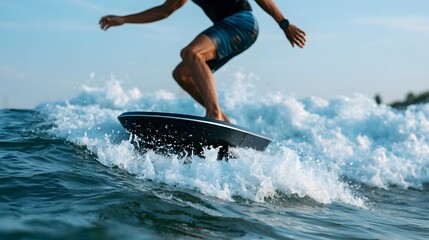 Fototapeta premium A person rides a black surfboard on a blue ocean wave under clear sky with white foam splashing around