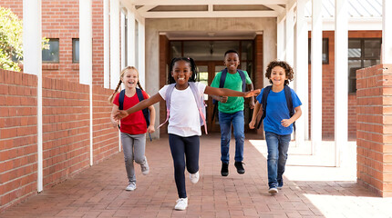 Fototapeta premium Group of four diverse elementary students running happily through a school hallway with brick walls and white pillars, wearing colorful backpacks