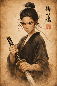 immagine in stile disegno tradizionale di una donna samurai armata di katana, image in the style of a traditional drawing of a female samurai armed with a katana
