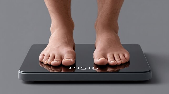Person's bare feet standing on a modern digital bathroom scale displaying current weight, representing health, fitness, and diet tracking for personal well being