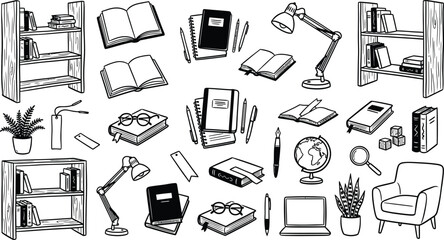 Hand drawn doodle set of library and study elements with bookshelves and reading accessories © MDEBRAHIM