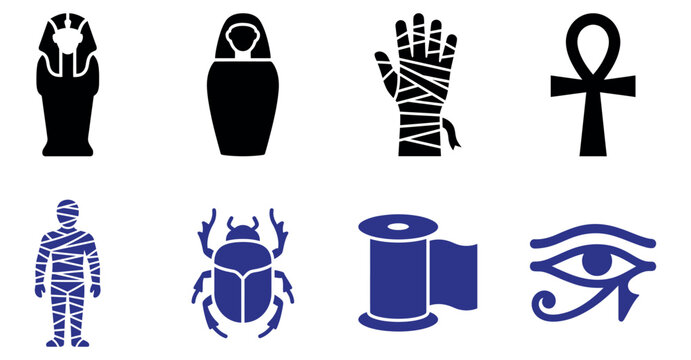 Set of ancient egyptian symbols and mummy icons including ankh scarab and burial mask in black and blue Vector, illustration