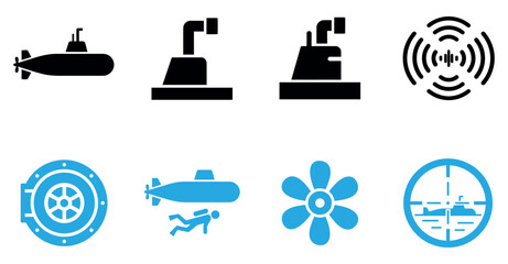 Set of submarine vehicle icons including periscope radar hatch diver propeller and target scope symbols Vector, illustration © Sumon Sorkar
