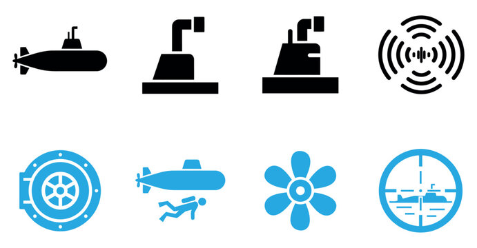 Set of submarine vehicle icons including periscope radar hatch diver propeller and target scope symbols Vector, illustration