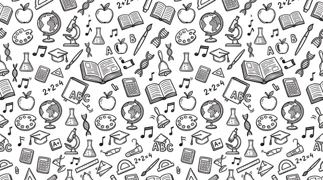 Seamless pattern of hand drawn school supplies and education including books globes microscopes and math symbols on a white background