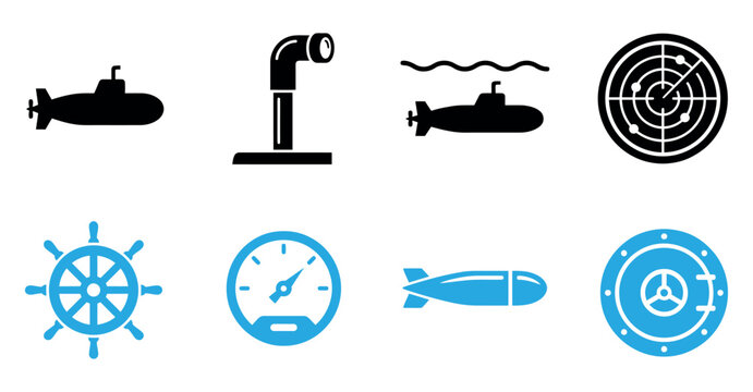 Set of submarine and marine navigation icons featuring periscope radar wheel gauge torpedo and hatch Vector, illustration
