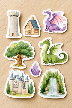Fantasy watercolor sticker sheet featuring a castle, tower, dragon, tree, crystal, and waterfall on a wooden background for creative projects and decoration