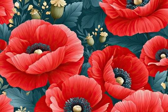 Dense seamless botanical pattern featuring large red poppy flowers with intricate details and green foliage on a dark background, ideal for textile or wallpaper design
