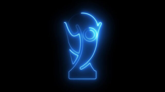 Neon world cup champions trophy prize isolated on black background. Winner trophy symbol icon animation . 4k