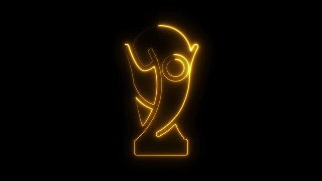 Neon world cup champions trophy prize isolated on black background. Winner trophy symbol icon animation . 4k