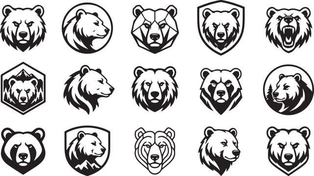 Collection of various black and white bear head emblems logos and illustrations in different shapes 