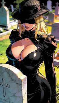 donna bionda vestita di nero per il lutto al cimitero, blonde woman dressed in black for mourning at the cemetery
