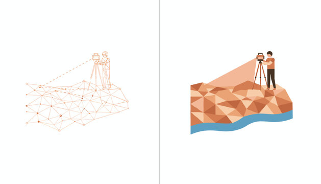 Surveyor using a tripod mounted tool to map a rugged terrain represented in wireframe and colored polygons.