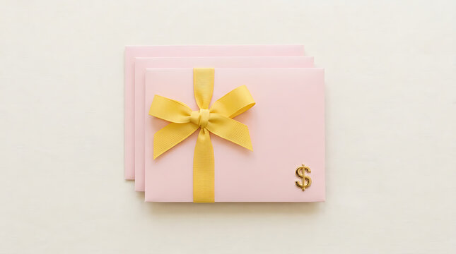 Three light pink envelopes stacked together with a yellow ribbon bow and a golden dollar sign symbol on a clean white background, for gift ideas