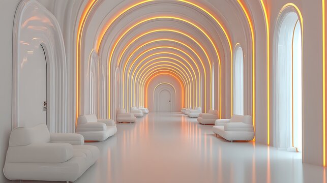 Long white corridor with arched ceiling and multiple doorways leading to rooms hallway