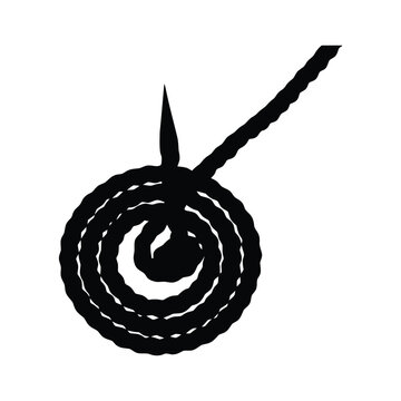 Black silhouette of a coiled rope or garden hose with a nozzle end isolated on a white background, for industrial or, utility concepts