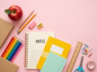Naklejka premium Notebook Stack with Kraft Box and Colored Paper Clips Flat Lay