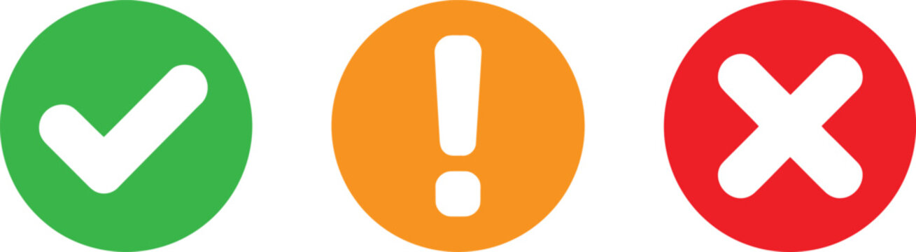 Status indicator vector icons set with green tick orange exclamation and red cross mark.