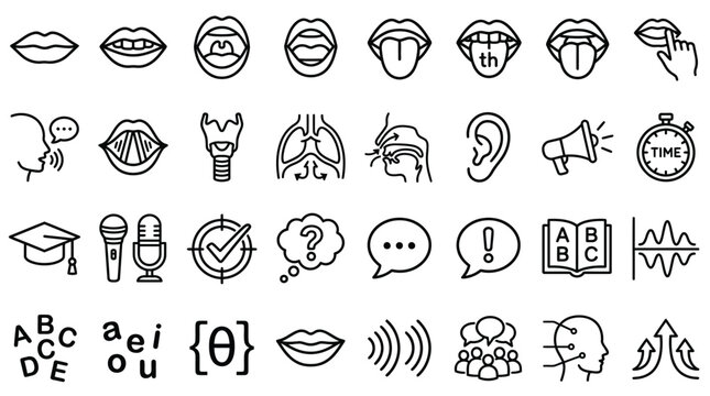 Detailed black and white vector illustration set showing human speech articulation and phonetic learning symbols