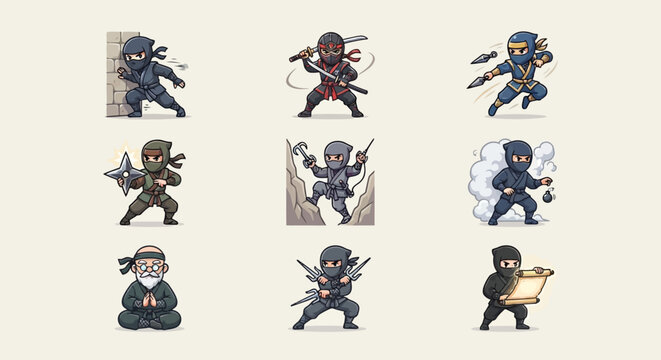 Collection of cartoon ninja characters in various dynamic action poses like fighting and climbing for game assets and creative design