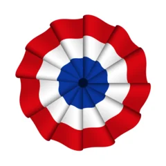 Cockade of France, or Tricolor cockade, the national ornament of France, obtained by circularly pleating a blue, white, and red ribbon, the colors of the French flag. Isolated illustration. Vector © Peter Hermes Furian