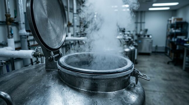 Cryogenic storage tank lid open with vapor rising from the chilled interior - Medical Laboratory and Clinical Research Stock Photo