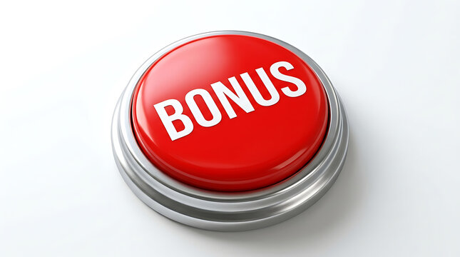 A realistic 3d red push button with metallic silver frame and white text labeled as bonus isolated on a clean white background, for web