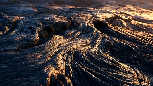 Ancient lava flow displaying rope like volcanic textures preserved across dark basalt surface illuminated by warm directional sunlight realistic geological landscape
