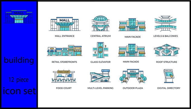 12 piece shopping mall building icon collection with entrance, atrium, storefronts, and food court designs