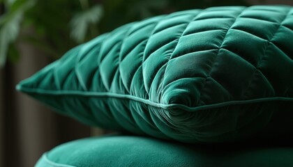 Obraz premium Green velvet cushion features diamond pattern stitching. Soft plush texture offers comfort. Luxurious decor adds elegance to any interior space. Deep jewel tone accent.