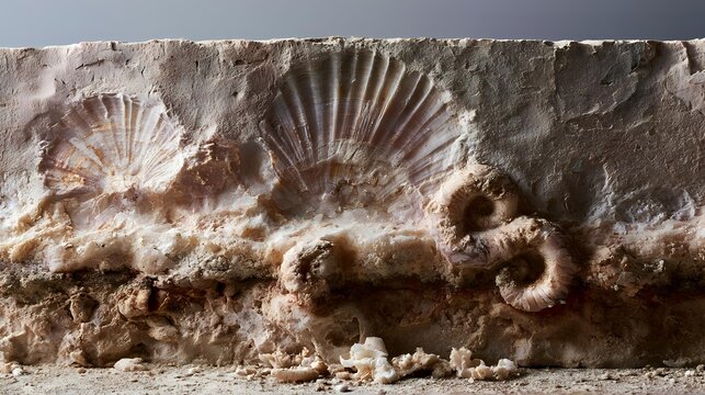 Cross section of fossil bearing limestone exposing delicate marine shell impressions preserved within layered calcite illuminated by soft scientific lighting sharp macro detail