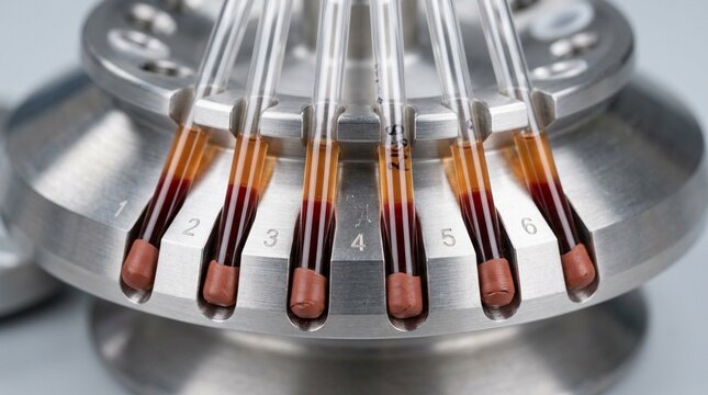 Hematocrit capillary tubes sealed with clay and arranged in a centrifuge holder - Medical Laboratory and Clinical Research Stock Photo