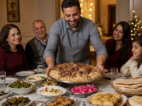 Syrische Familie serviert zum Silvesterfest eine gro&szlig;e Platte mit Lamm und Reis, umgeben von Hummus, Taboul&eacute;, Weinbl&auml;ttern, Fladenbrot und Baklava.